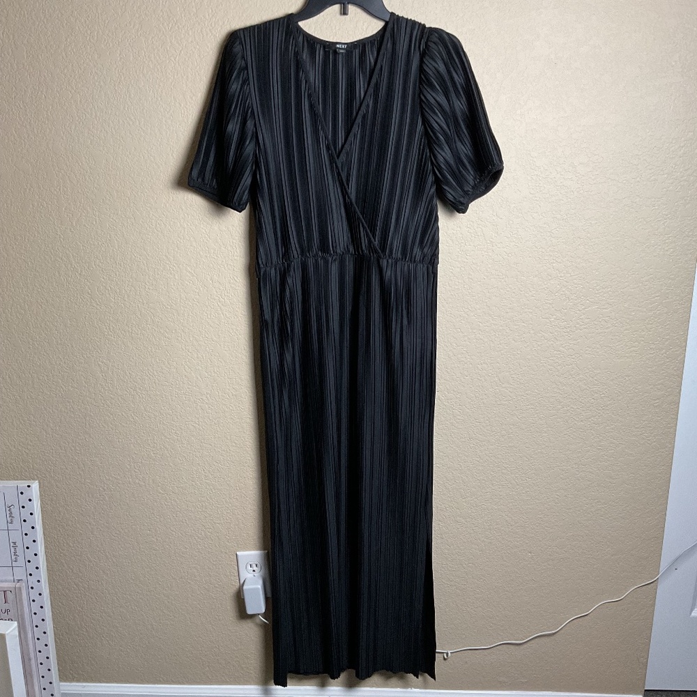 Next Womens 8 Black Short Sleeve Plisse Midi Dress Elegant Timeless Evening Work